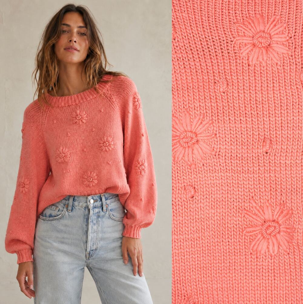 Free People x Tach Clothing M Jana Sweater 100% Wool Handmade Knit Coral Pink - Picture 1 of 11